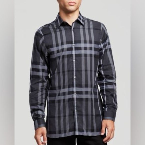 Burberry London Treyforth Charcoal Gray Check Button-Down Shirt Tailored Fit - Picture 1 of 17